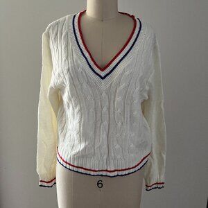 H&M Divided Preppy Cream Blue Red Varsity Sweater Stripe V Neck Long Sleeve Med